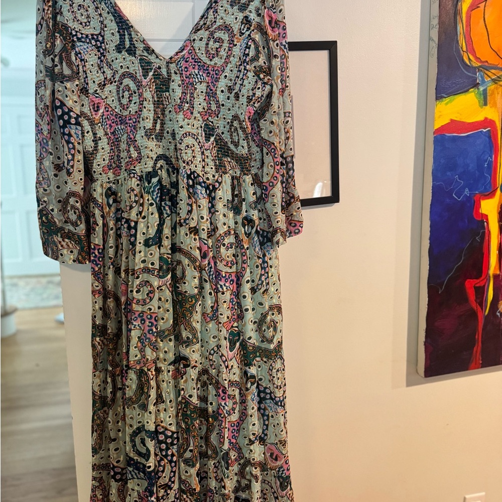 Oliphant Multicolor Monkey Maxi Dress Smocked & Shimmery - Picture 9 of 11